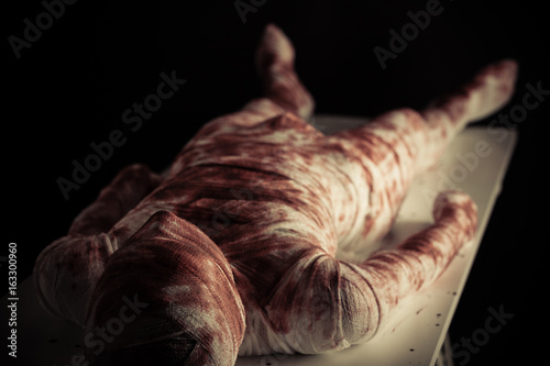 Young bloody mummy displayed on white table photo