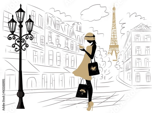 Canvas Print Girl in Paris shopping hand drawn scene blak and white