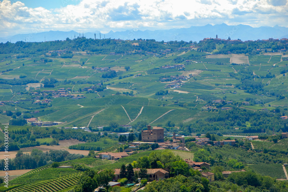 View of the Langhe hills with the Castle of Grinzane Cavour