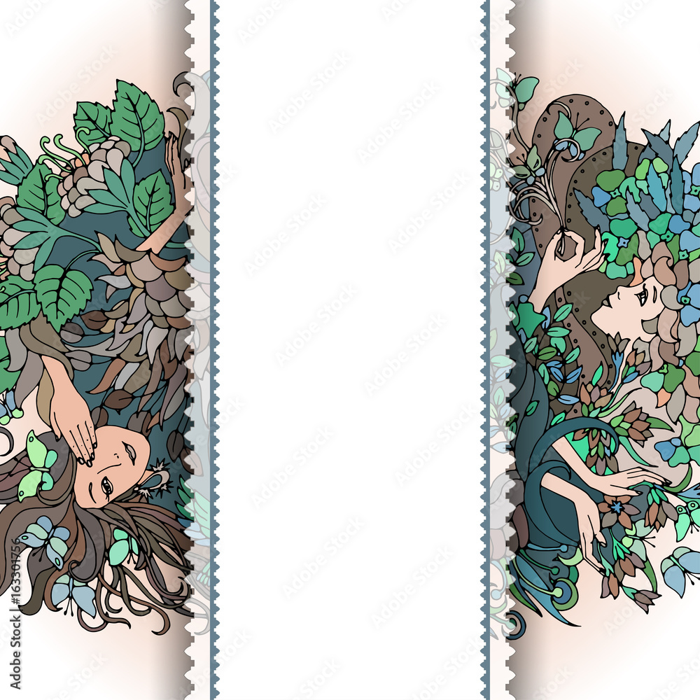 Fototapeta premium Vertical frame for banner. Creative pattern with female faces, leaves, waves, flowers. Abstract boho vector design.