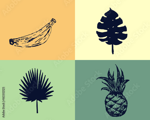 Vector seamless tropical leaves Pineapple and banana pattern