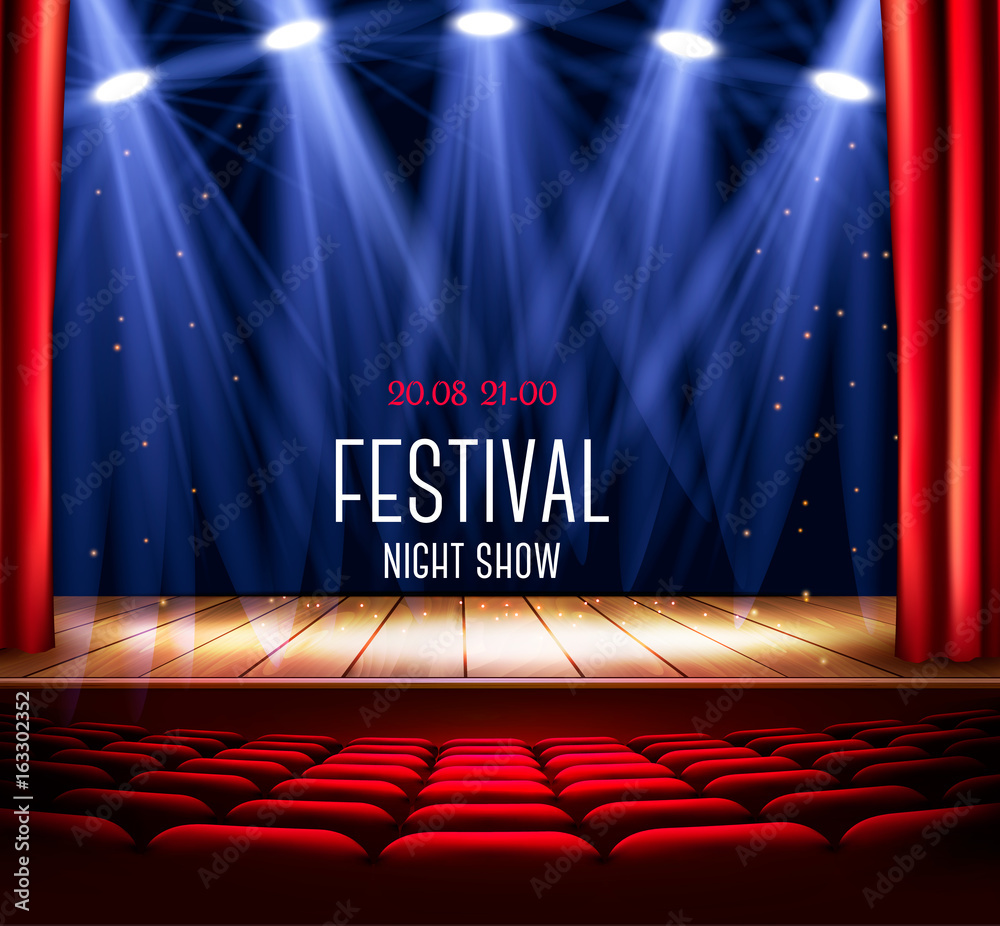 Naklejka premium Scena teatralna z czerwoną kurtyną i reflektorem. Plakat pokazowy nocy festiwalu. Wektor.
