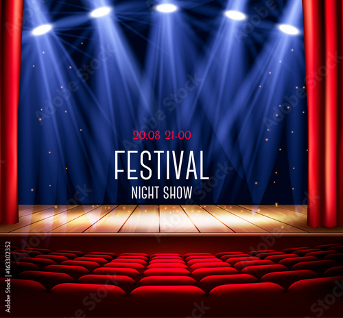 A theater stage with a red curtain and a spotlight. Festival night show poster. Vector.