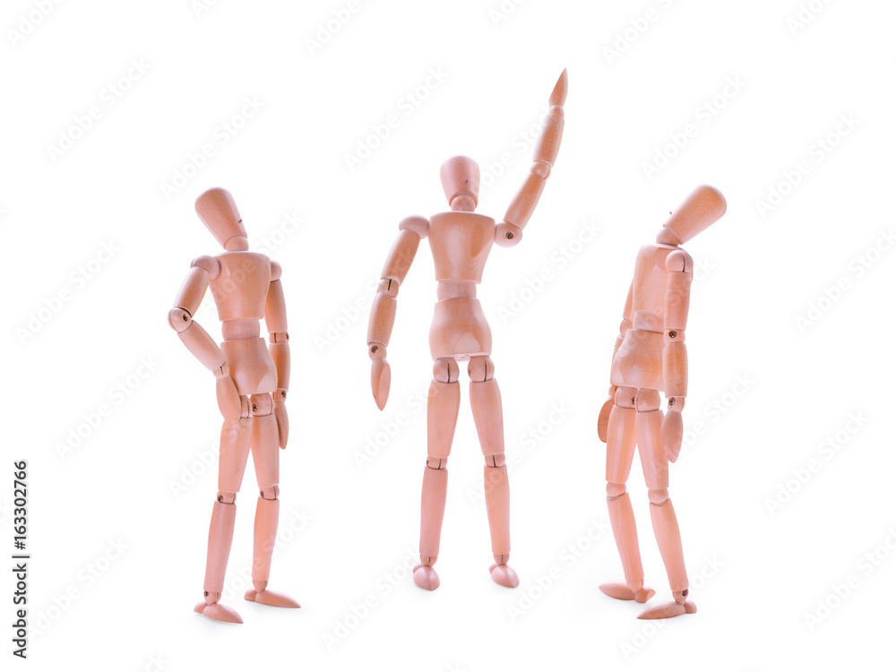 Wooden dummies one showing and two looking up. Isolated on white Wooden dummies one showing and two looking up. Isolated on white