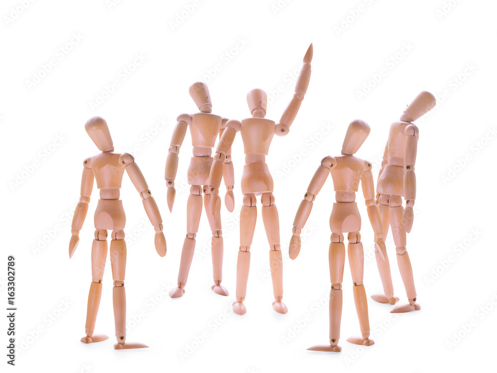 Wooden dummies one showing and some looking up. Wooden dummies one showing and some looking up.