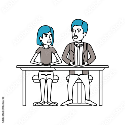silhouette color sections of teamwork of couple sitting in desk and woman with short hair and man side parted hair in formal suit vector illustration