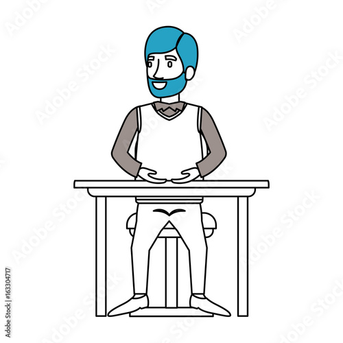 silhouette color sections of bearded man in formal suit and hair side parted and sitting in chair in desktop vector illustration