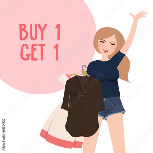 buy one get 1 free discount promo girl happy holding purchase choose clothes