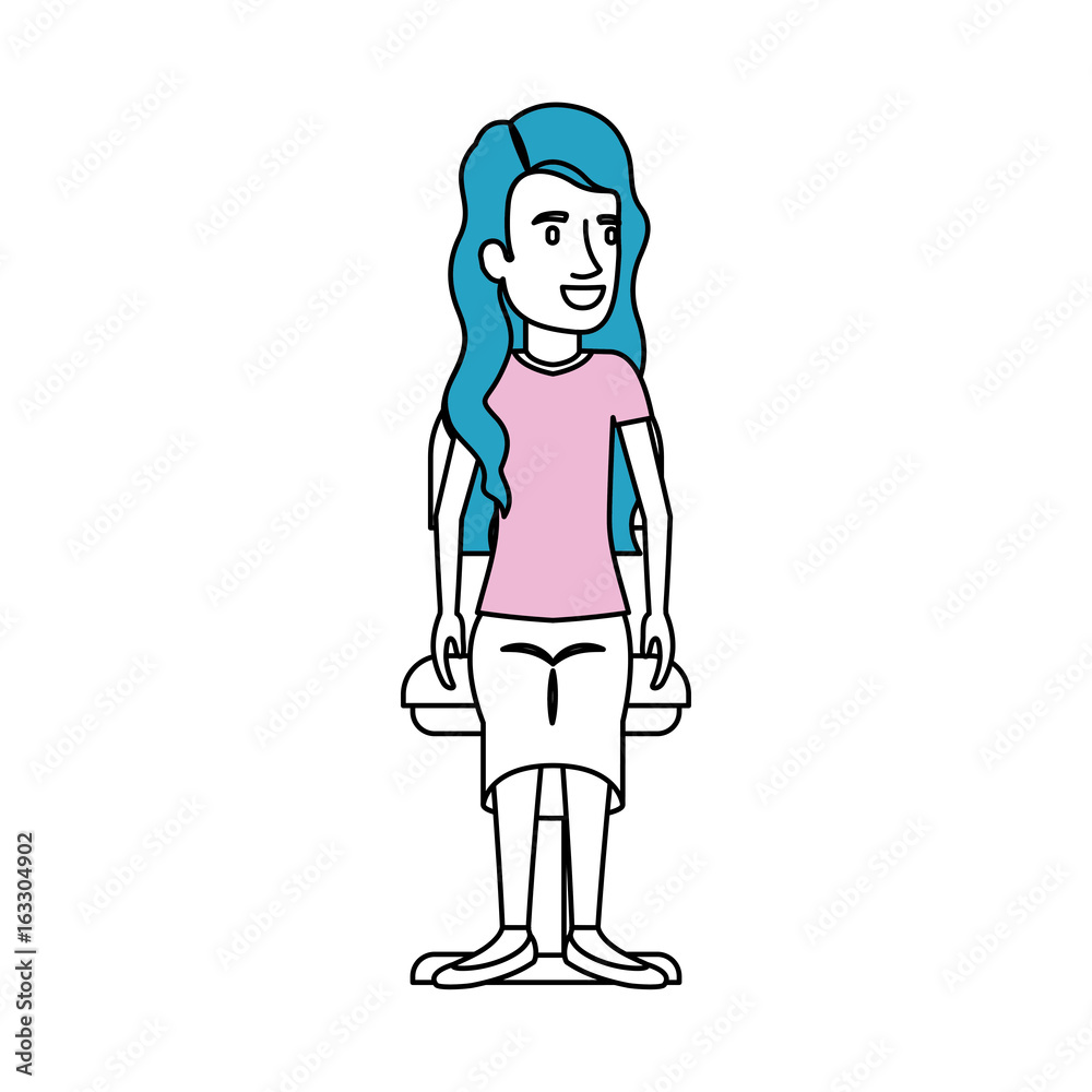 silhouette color sections of woman with long wavy hair and sitting in chair vector illustration