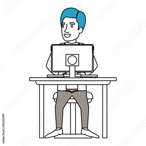 silhouette color sections of man with formal suit and side parted hair and sitting in chair in desk with computer vector illustration
