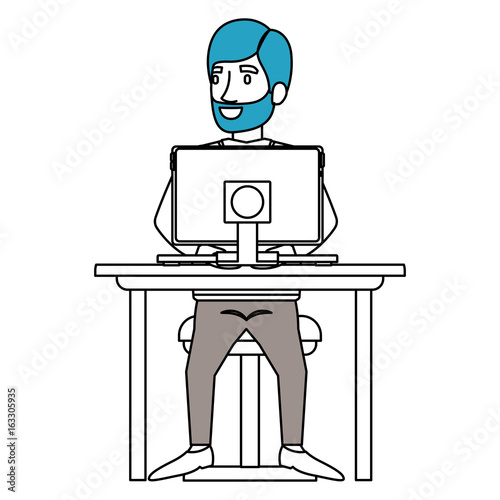 silhouette color sections of bearded man with formal suit and side parted hair and sitting in chair in desk with computer vector illustration