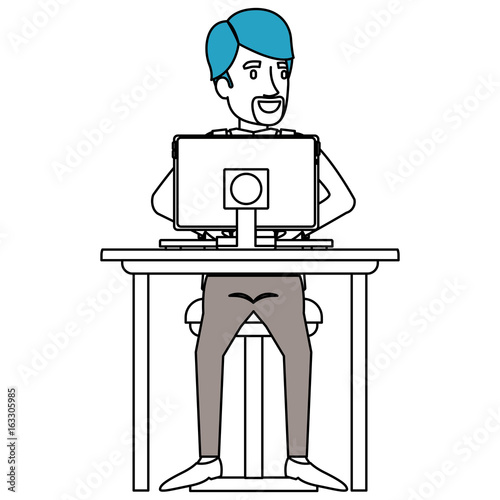 silhouette color sections of man with formal suit and beard van dyke and side parted hair and sitting in chair in desk in tablet vector illustration