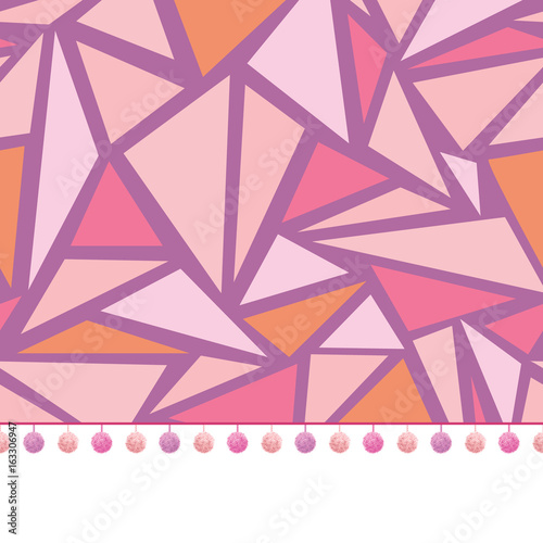 Vector pompom border trim on pink triangles mosaic seamless repeat pattern design background print. Perfect for clothing, fabric, home decor, wrapping projects.