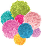 Vector Bunch of Colorful Baby Kids Birthday Party Pom Poms Element. Great for handmade cards, invitations, wallpaper, packaging, nursery designs.