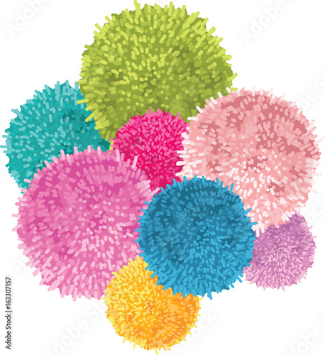 Vector Bunch of Colorful Baby Kids Birthday Party Pom Poms Element. Great for handmade cards, invitations, wallpaper, packaging, nursery designs.