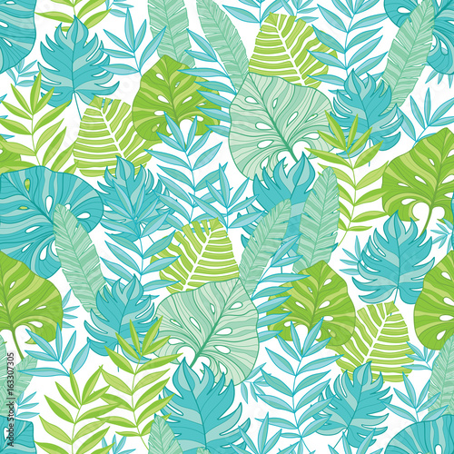 Vector blue green tropical leaves summer hawaiian seamless pattern with tropical plants and leaves on navy blue background. Great for vacation themed fabric  wallpaper  packaging.