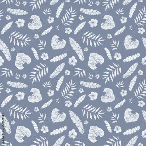 Vector dark grey tropical summer hawaiian seamless pattern with tropical plan...