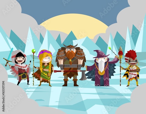role fantasy warriors and wizards team on ice lands