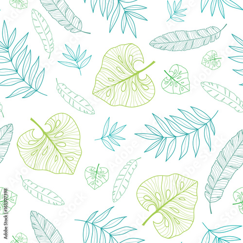 Vector tropical drawing summer hawaiian seamless pattern with tropical green ...