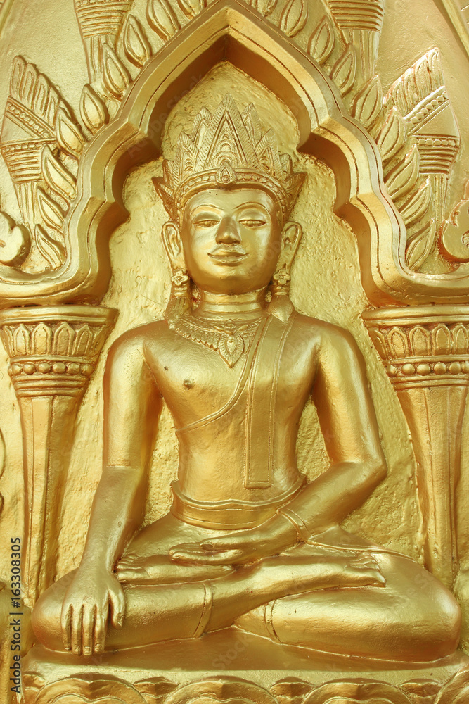 Buddha gold statue on golden background patterns.