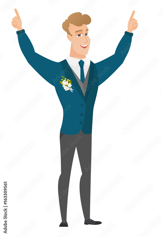 Groom standing with raised arms up.