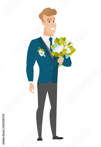 Young caucasian groom with a bridal bouquet.