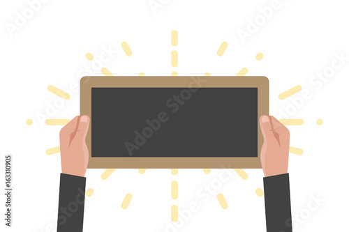 Hand holding sign board vector illustration. Chalkboard