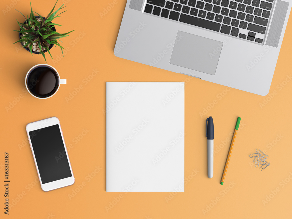 Modern office desk workplace with laptop, smartphone, blank paper and coffee cup copy space on color background. Top view. Flat lay style. Modern office desk workplace with laptop, smartphone, blank paper and coffee cup copy space on color background. Top view. Flat lay style.