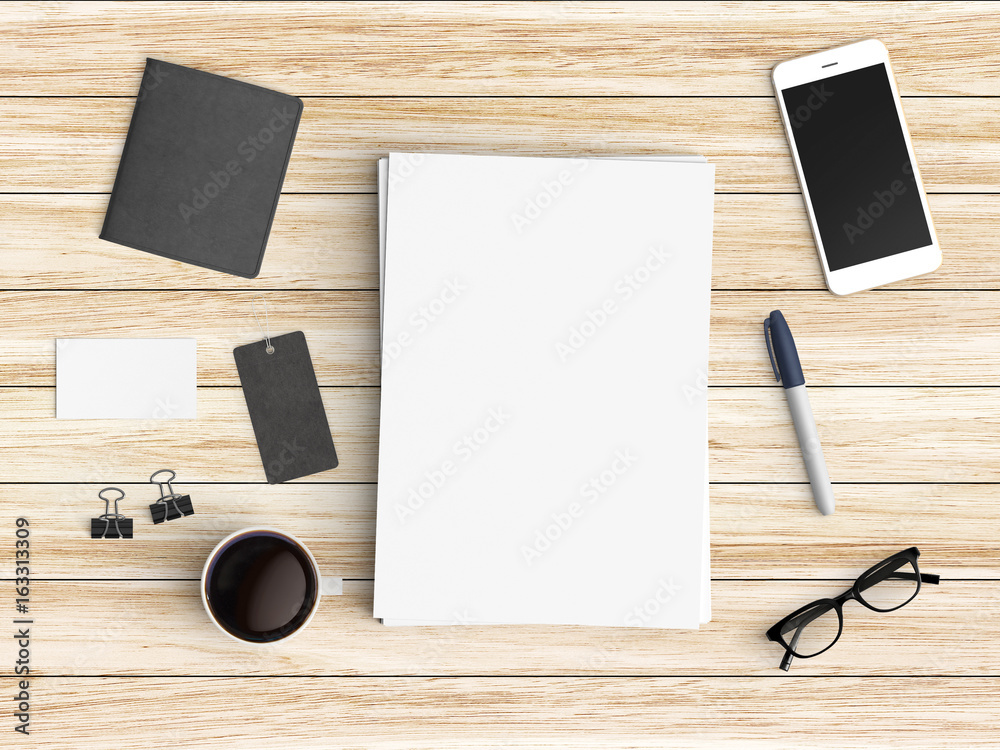 Modern office desk workplace with blank paper, coffee cup, sunglasses and smartphone copy space on wood table background. Top view. Flat lay style. Modern office desk workplace with blank paper, coffee cup, sunglasses and smartphone copy space on wood table background. Top view. Flat lay style.