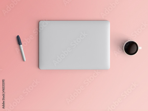 Modern workspace with closed notebook or laptop, pen and coffee cup copy space on color background. Top view. Flat lay style. photo