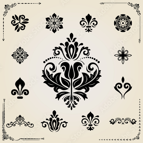 Vintage set of vector elements. Different elements for decoration design, cards, backgrounds and monograms. Classic patterns. Set of vintage patterns
