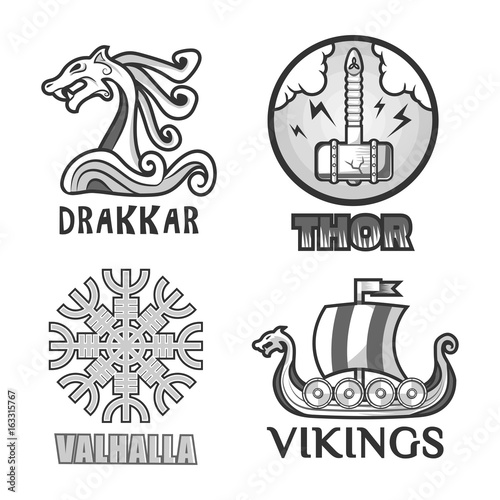 Viking scandinavian ancient warriors labels set of ship, arms shields and helmet