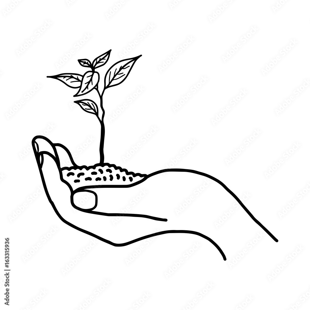 Growing plant or sprout with soil in left hand - vector illustration ...