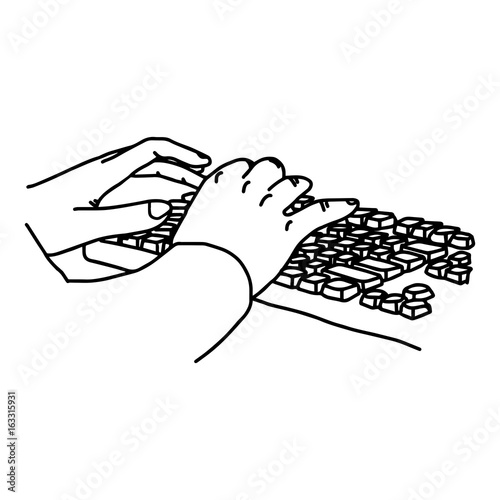 hands on keyboard of computer - vector illustration sketch hand drawn with black lines, isolated on white background