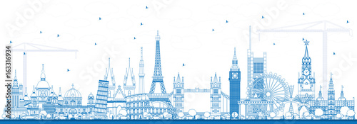 Outline Famous Landmarks in Europe. Vector Illustration.