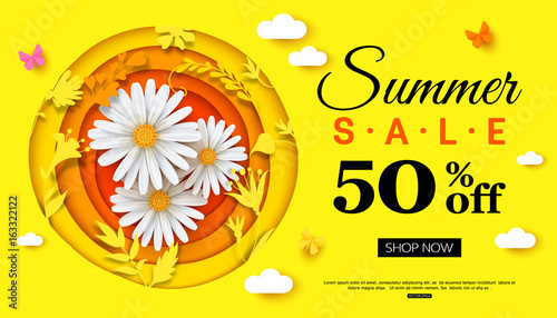 Summer sale background banner with beautiful flower. Paper style. Vector illustration.