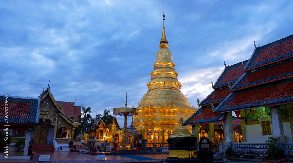 Fototapeta premium Aerial view at Wat Phra That Hariphunchai temple in Lamphun, Thailand.