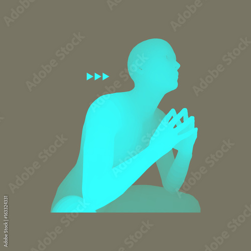 Man in a thinker pose. 3D model of man. Business, psychology or philosophy vector illustration.