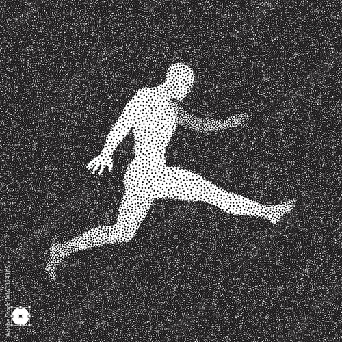 Football player. 3D model of man. Black and white grainy design. Stippling effect. Vector illustration.