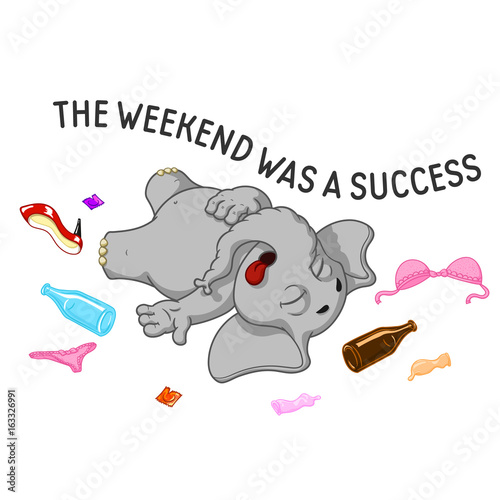 Elephant. Character. Party. After party. Disorder. Stag party. Big collection of isolated elephants. Vector, cartoon.