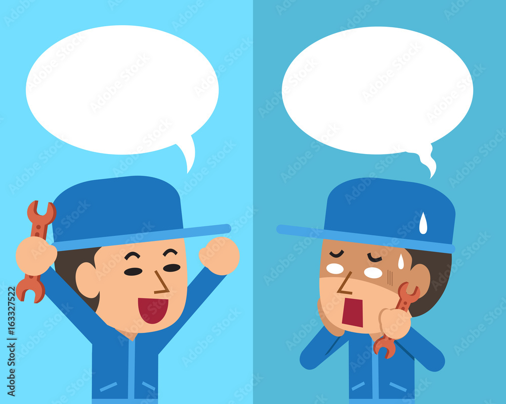 Cartoon a technician expressing different emotions with speech bubbles