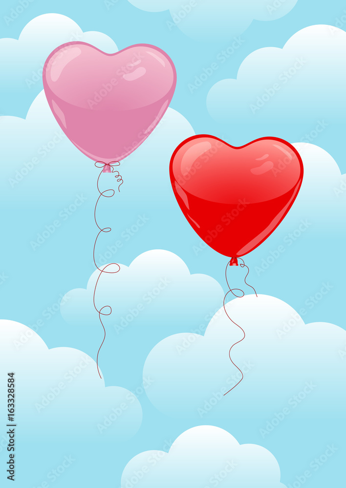 Red heart balloons on blue sky background. White clouds and blue sky. Red; pink, white and blue colors.