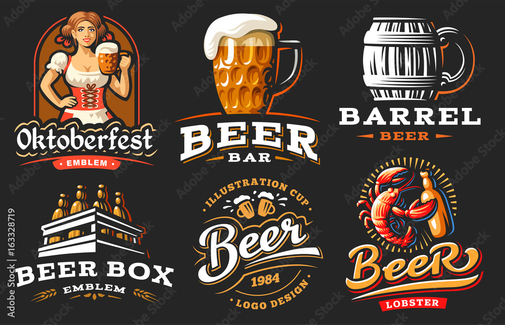 Set beer logo vector illustration, emblem brewery design on black