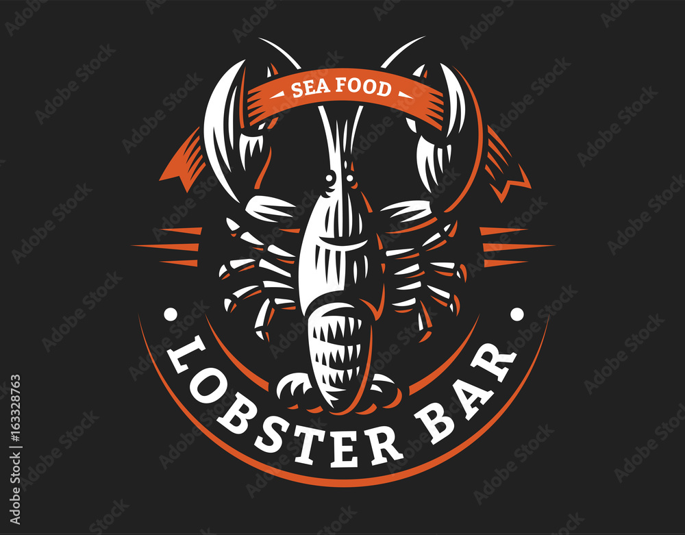 Lobster vector logo illustration. Crustacean in a vintage style on white and dark background.