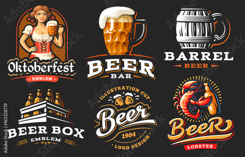 Set beer logo - vector illustration, emblem brewery design on black background
