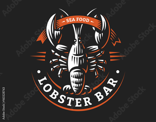 Lobster vector logo illustration. Crustacean in a vintage style on white and dark background.