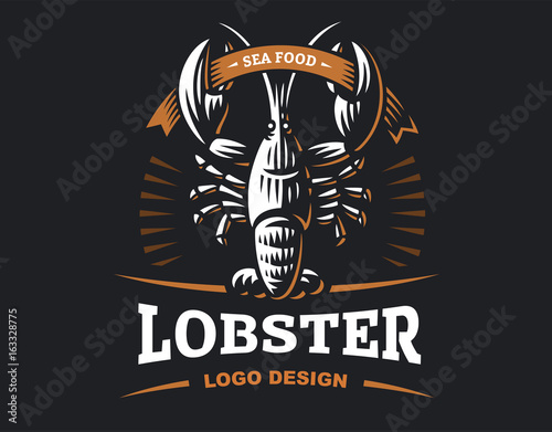 Lobster vector logo illustration. Crustacean in a vintage style on white and dark background.