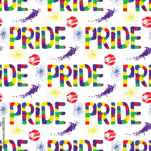 Colored rainbow letters of the handwritten text Pride. Seamless pattern on the theme of LGBT parade, vector design