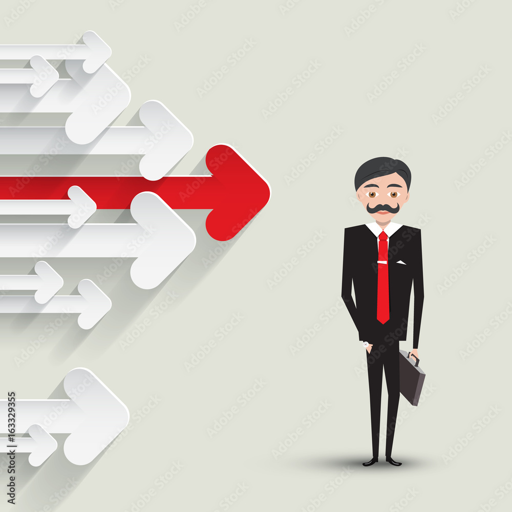Red Arrow with Paper Arrows and Smart Businessman in Suit with Case. Vector Illustration. Red Arrow with Paper Arrows and Smart Businessman in Suit with Case. Vector Illustration.