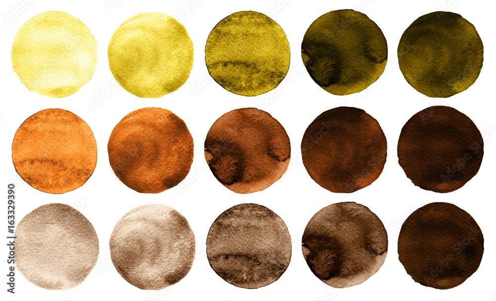 Watercolor circles in shades of yellow and brown colors isolated on white background. - obrazy, fototapety, plakaty 